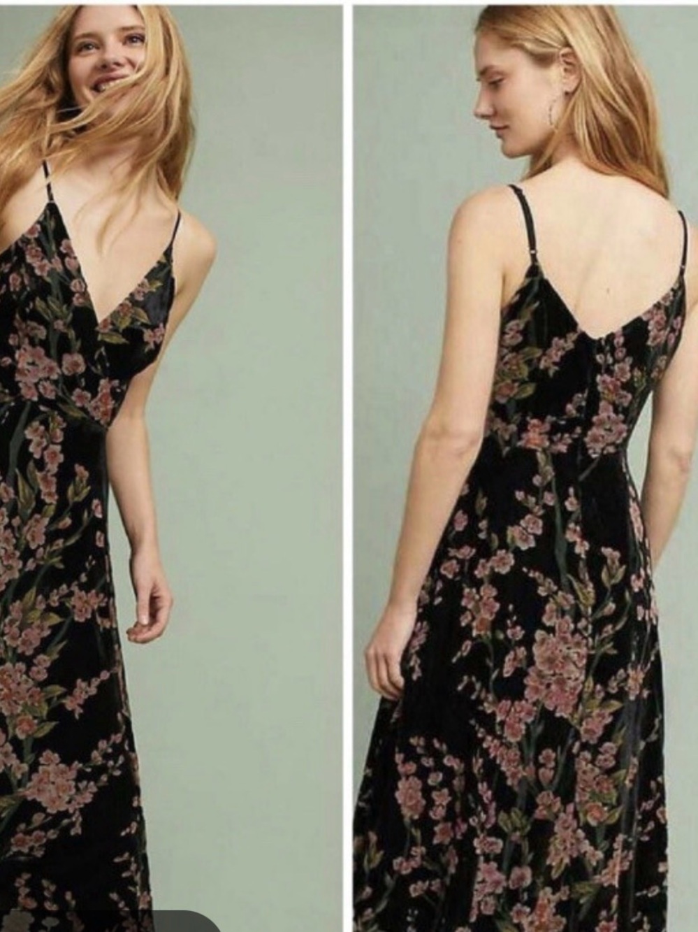 Dark Floral Burnout Velvet Midi Slip Dress - Black with Pink Floral